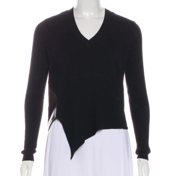 Revolve Soyer Black Leather Wool V Neck Asymmetrical Ribbed Crop Sweater Small - Picture 1 of 14